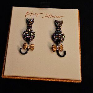 Betsey Johnson Black Cat Rhinestone Earrings Black Gold Tone